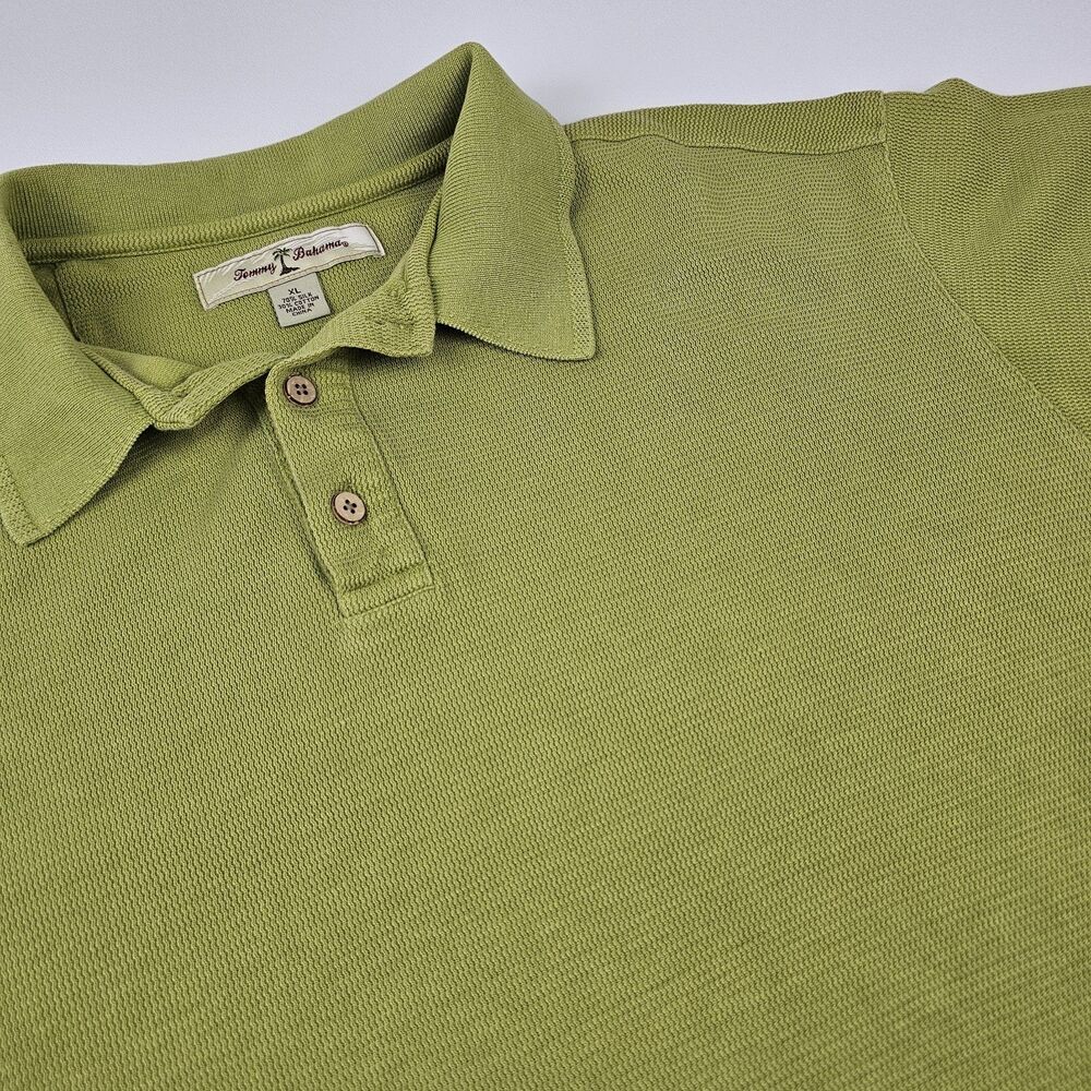Vintage Tommy Bahama Mens XL Green Silk Cotton Polo Shirt Textured Knit 90s